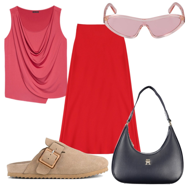 Outfit donna - Total look #1870178. Stile Trendy per Tutti i giorni. Abbinamento con gonne longuette, sabot, borse a spalla, top, occhiali da sole.