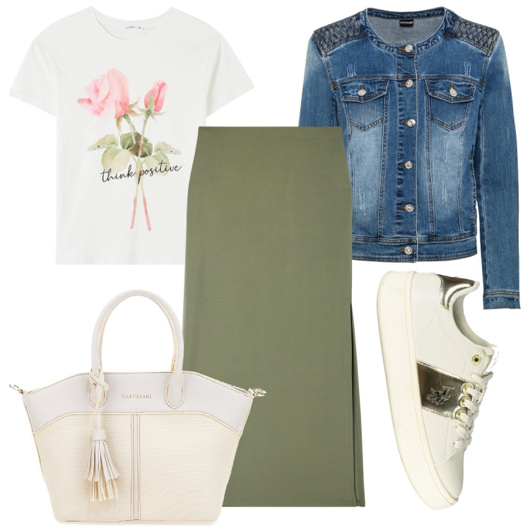 Outfit donna - Con un mazzo di fiori. Stile Casual chic per Tutti i giorni. Abbinamento con blazer, gonne lunghe, t-shirt, scarpe sportive, borse a mano.