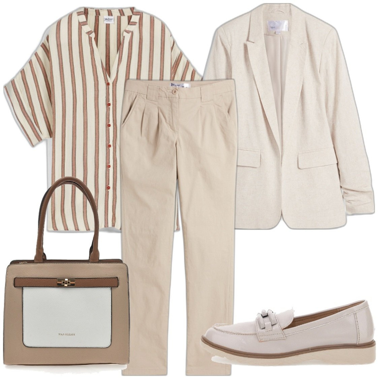 Outfit donna - Beige per ufficio. Stile Minimal per Ufficio. Abbinamento con pantaloni chino, camicie a manica corta, blazer, mocassini, borse a spalla.