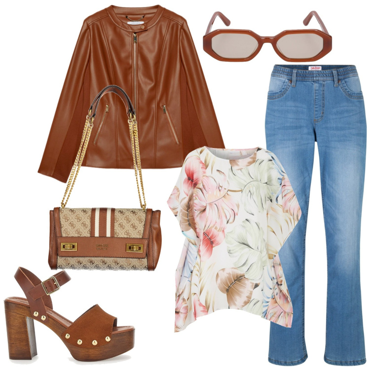Outfit donna - Total look #1870206. Stile Casual per Tutti i giorni. Abbinamento con tuniche, jeans dritti, borse a spalla, zoccoli, blazer, occhiali da sole.