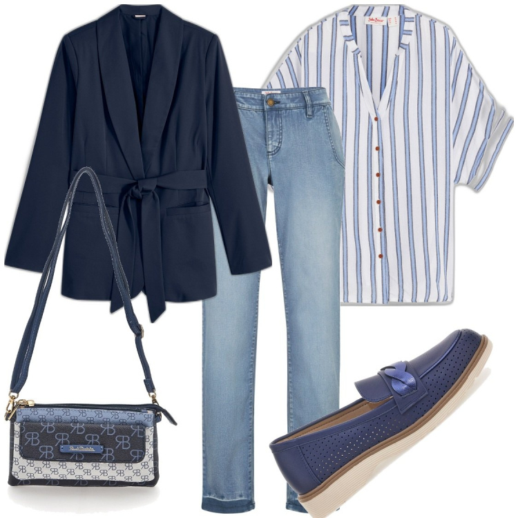 Outfit donna - La giacca blu. Stile Casual chic per Ufficio. Abbinamento con camicie, jeans, blazer, borse a tracolla, mocassini.