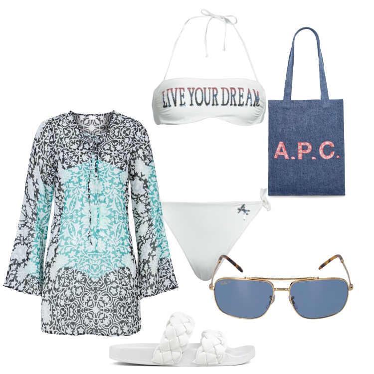 Outfit donna - Total look #1870231. Stile Glamour per Mare. Abbinamento con vestiti da spiaggia, bikini, occhiali da sole, ciabatte, shopping bag.