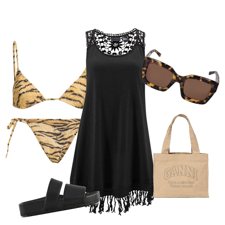 Outfit donna - Total look #1870241. Stile Etnico per Mare. Abbinamento con vestiti da spiaggia, shopping bag, occhiali da sole, ciabatte, bikini, bikini.