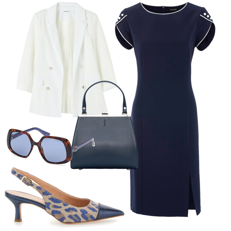 Outfit donna - Il tubino blu. Stile Bon Ton per Tutti i giorni. Abbinamento con vestiti a tubino, blazer, clutch, décolleté, occhiali da sole.