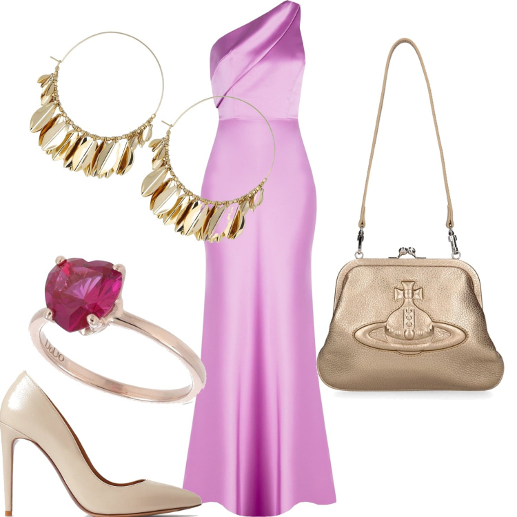 Outfit donna - Rinascimento. Stile Chic per Cerimonia. Abbinamento con vestiti asimmetrici, décolleté, anelli, pochette, orecchini.