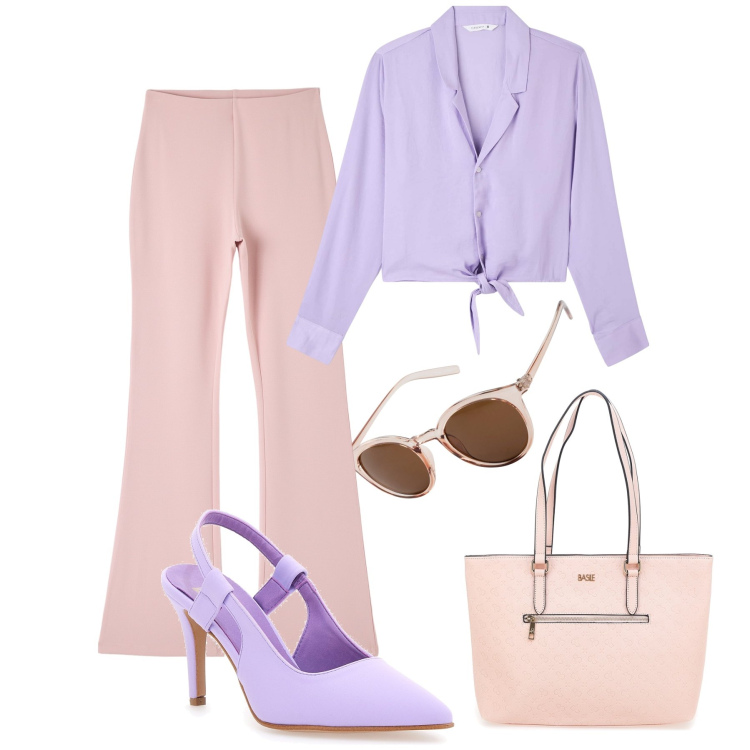 Outfit donna - Passeggiata domenicale. Stile Minimal per Tutti i giorni. Abbinamento con occhiali da sole, camicie, pantaloni, décolleté, borse a spalla.