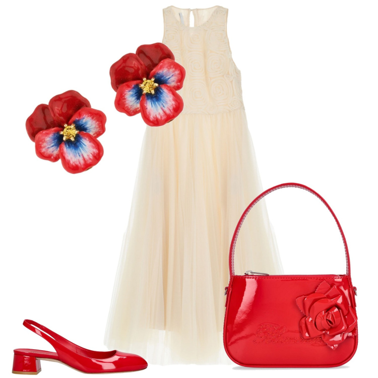 Outfit donna - Maggio. Stile Chic per Cerimonia. Abbinamento con orecchini, vestiti midi/longuette, borse a mano, décolleté.