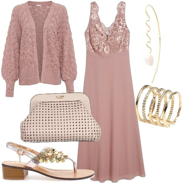 Outfit donna - Eleganza all\'aperto. Stile Glamour per Serata fuori. Abbinamento con cardigans, vestiti, anelli, orecchini, ciabatte, borse a mano.