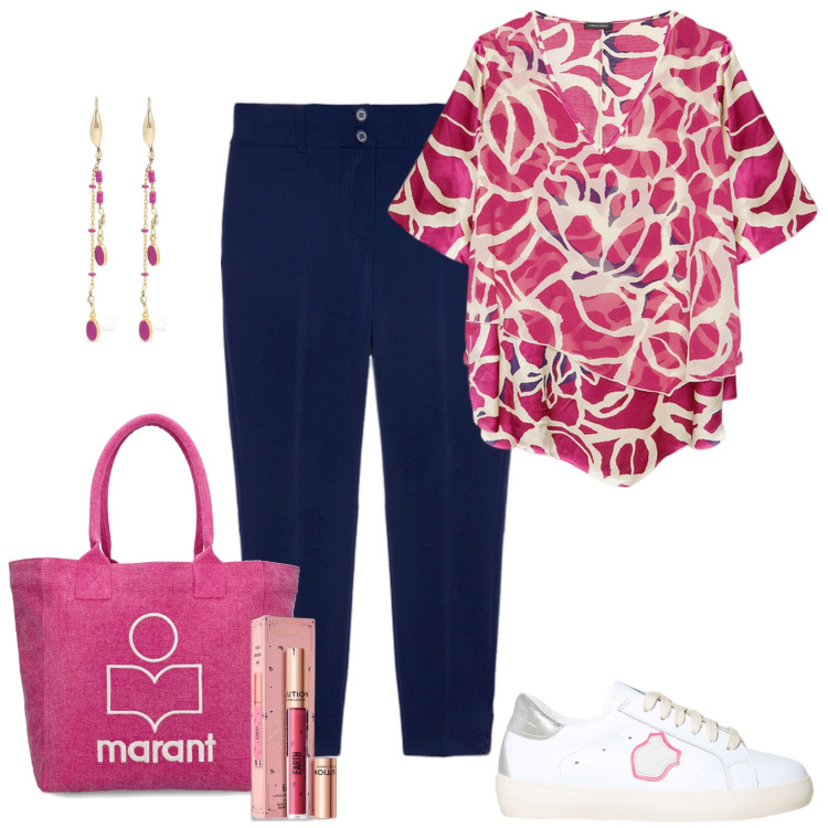 Outfit donna - Blu e rosa. Stile Minimal Abbinamento con gloss, sneakers, bluse, orecchini, pantaloni, shopping bag.