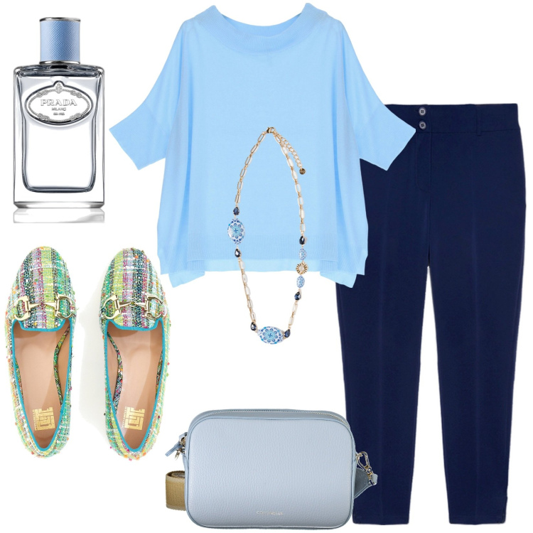 Outfit donna - Le scarpe multicolor. Stile Minimal per Tutti i giorni. Abbinamento con profumi, maglieria, mocassini, pantaloni, borse a tracolla, ciondoli.
