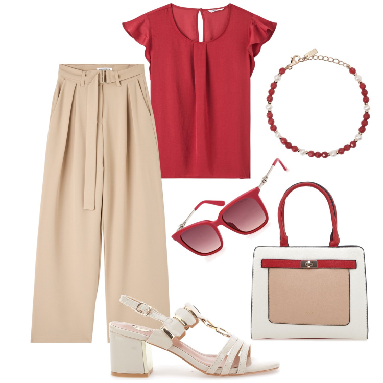 Outfit donna - Rosso sul neutro in ufficio. Stile Bon Ton per Ufficio. Abbinamento con bluse, pantaloni, braccialetti, sandali col tacco, borse a spalla, occhiali da sole.