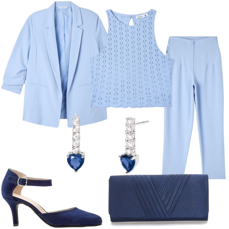 Outfit donna - Cerimonia in celeste polvere. Stile Chic per Cerimonia. Abbinamento con décolleté, pantaloni chino, top, blazer, orecchini, pochette.
