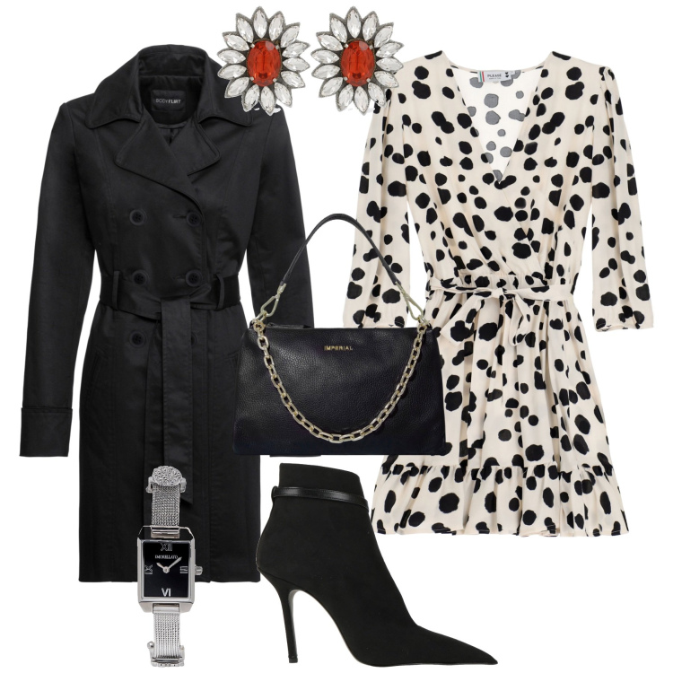 Outfit donna - Chic bianco e nero serata. Stile Chic per Serata fuori. Abbinamento con trench, orologi, stivaletti, vestiti corti, pochette, orecchini.