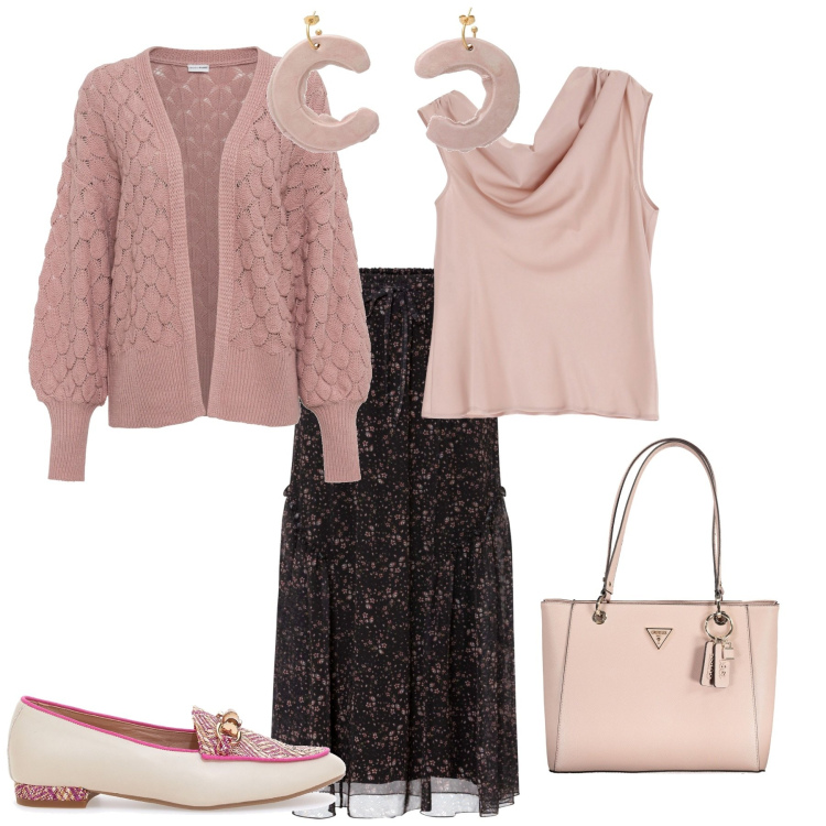 Outfit donna - Romantica tutti i giorni. Stile Romantica per Tutti i giorni. Abbinamento con cardigans, gonne, orecchini, top, mocassini, borse a spalla.