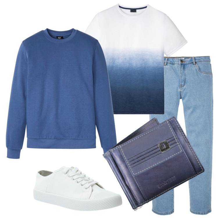 Outfit uomo - In città. Stile Casual per Tutti i giorni. Abbinamento con t-shirt, felpe, jeans dritti, sneakers, portafogli.