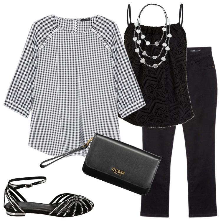 Outfit donna - Quadretti bianchi e neri. Stile Casual per Tutti i giorni. Abbinamento con top, collane, ballerine, pantaloni, bluse, portafogli.