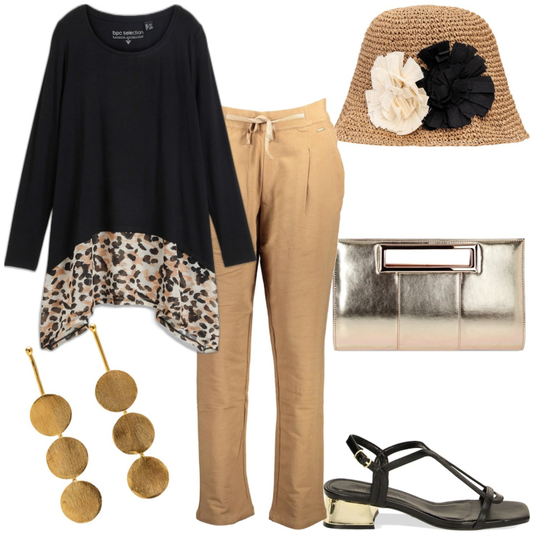 Outfit donna - Total look #1870421. Stile Bon Ton per Tutti i giorni. Abbinamento con maglieria, sandali col tacco, pochette, orecchini, pantaloni, cappelli.