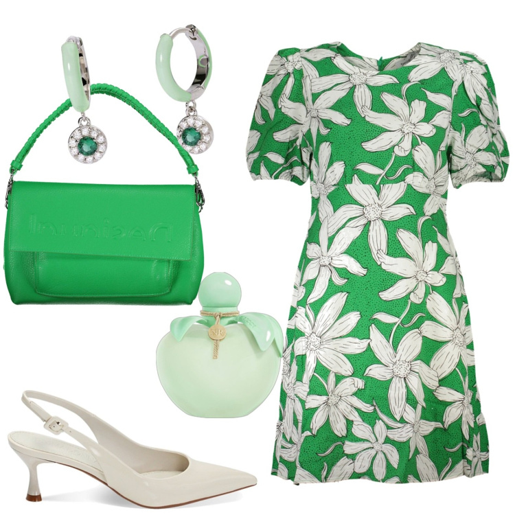 Outfit donna - Total look #1870427. Stile Casual chic per Tutti i giorni. Abbinamento con profumi, orecchini, décolleté, vestiti corti, borse a spalla.