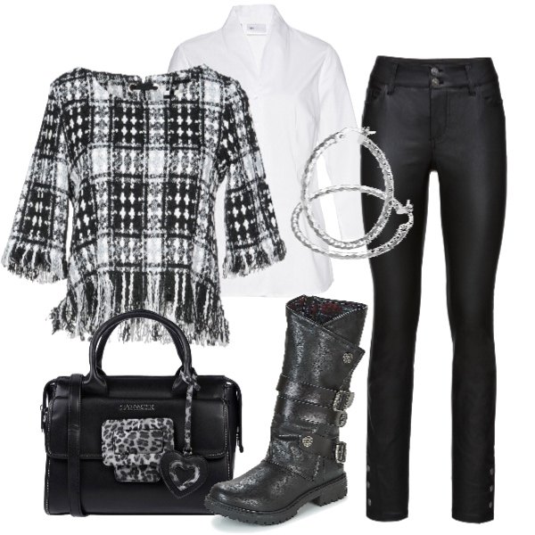 Outfit donna - Trendy #24320. Stile Trendy per Tutti i giorni. Abbinamento con camicie, pantaloni, blusa senza tasche tweed con frange scollatura quadrata a maniche corte in bouclè, borsa a mano taglia media con fibbia interno foderato in pelle sintetica tinta unita, stivali e anfibi, orecchini in oro bianco certificato autenticità argento.