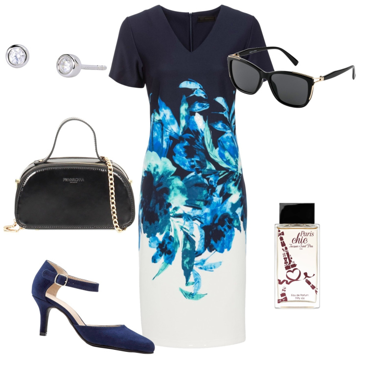Outfit donna - Lady Lowcost. Stile Chic per Serata fuori. Abbinamento con décolleté, vestiti a tubino, occhiali da sole, profumi, orecchini, borse a mano.