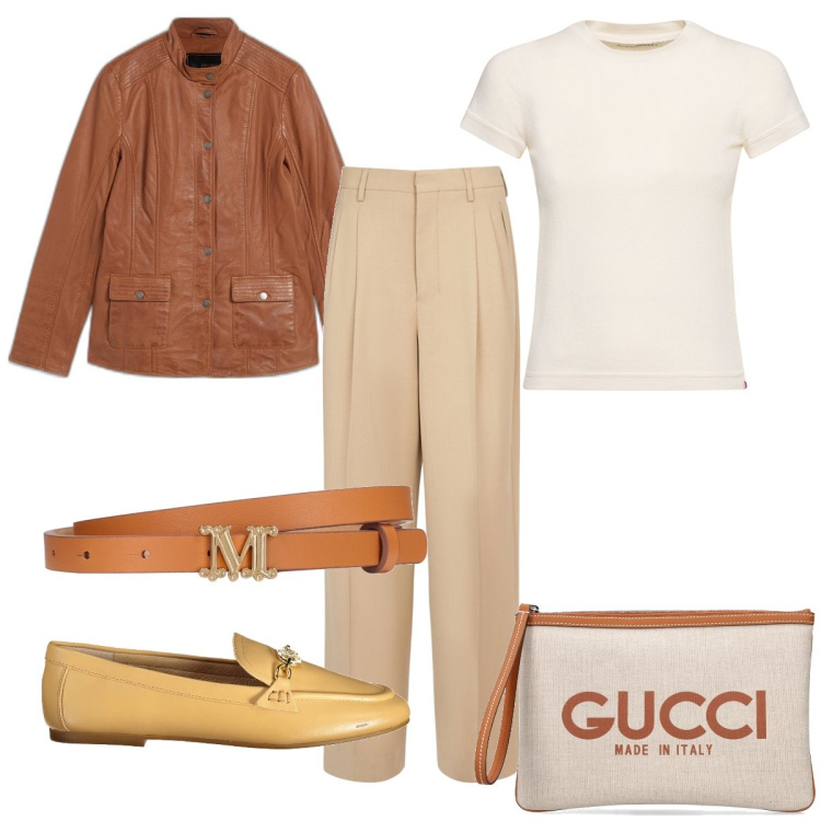 Outfit donna - Total look #1870477. Stile Vintage retrò per Tutti i giorni. Abbinamento con blazer, t-shirt, pochette, mocassini, pantaloni, cinture.