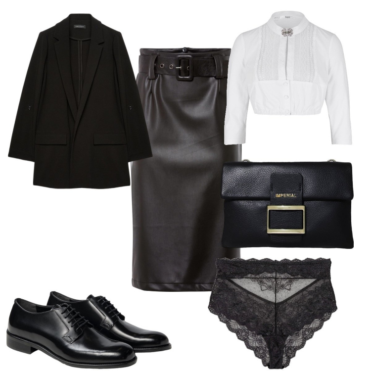 Outfit donna - Total look #1870480. Stile Trendy per Serata fuori. Abbinamento con culotte, camicie, gonne longuette, pochette, scarpe stringate, blazer.