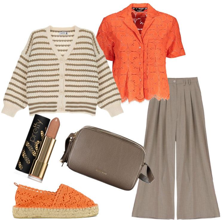 Outfit donna - Pizzo arancio per un pranzo in famiglia. Stile Casual chic per Tutti i giorni. Abbinamento con rossetti, pantaloni a palazzo, cardigans, espadrillas, camicie a manica corta, borse a tracolla.