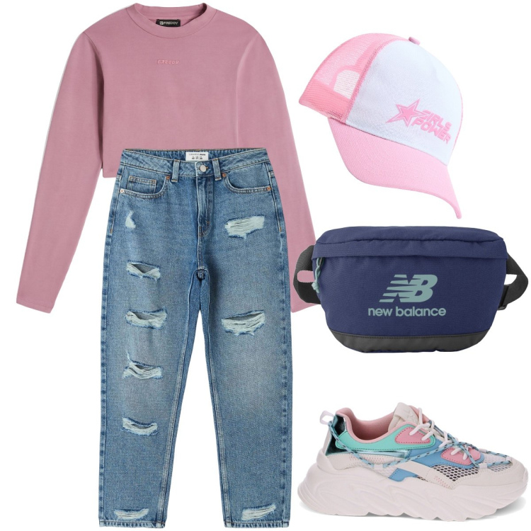 Outfit donna - I jeans strappati. Stile Basic per Tutti i giorni. Abbinamento con jeans mom, cappelli, marsupi, maglieria, sneakers.