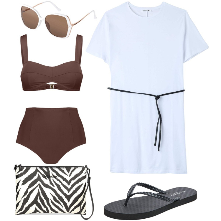 Outfit donna - Week end al mare. Stile Basic per Mare. Abbinamento con occhiali da sole, vestiti, infradito, valigie, bikini.