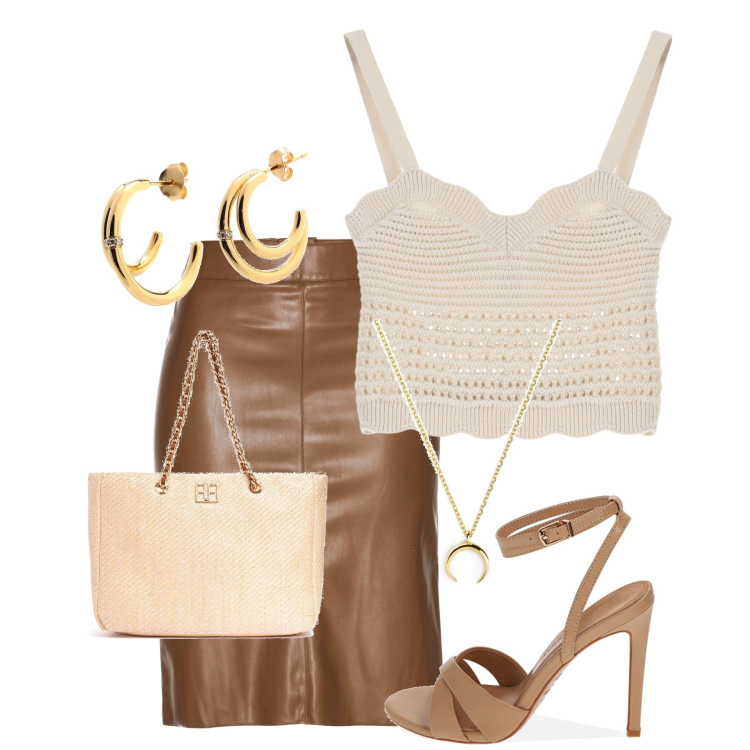 Outfit donna - Total look #1870559. Stile Glamour per Serata fuori. Abbinamento con gonne longuette, orecchini, ciondoli, borse a spalla, top, sandali col tacco.