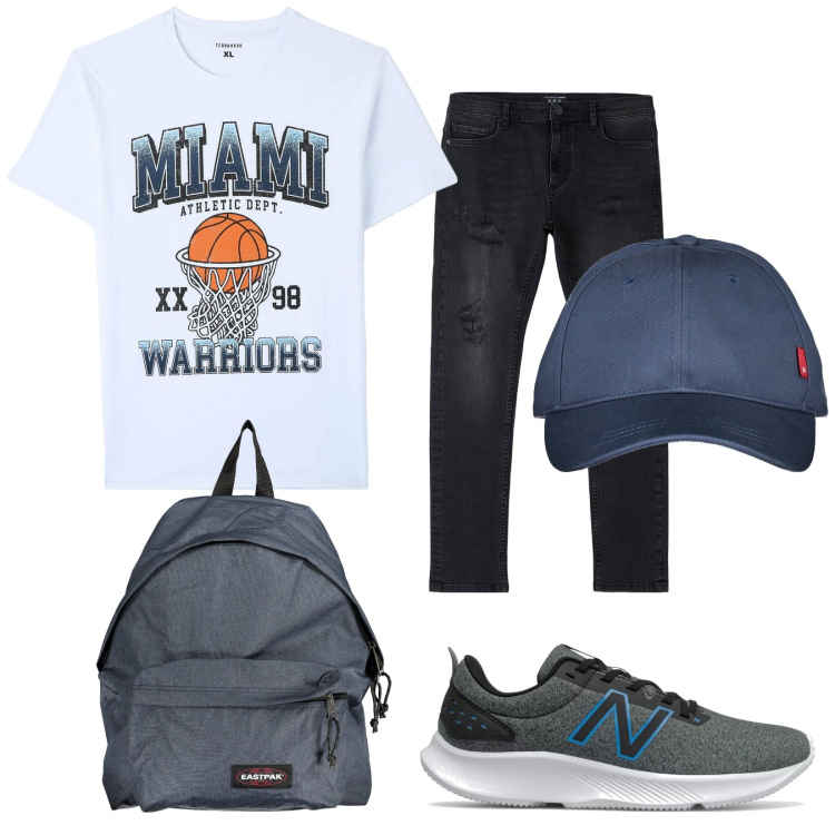 Outfit uomo - Total look #1870562. Stile Urban per Tutti i giorni. Abbinamento con jeans strappati, t-shirt, sneakers, cappelli con visiera, borse sportive.