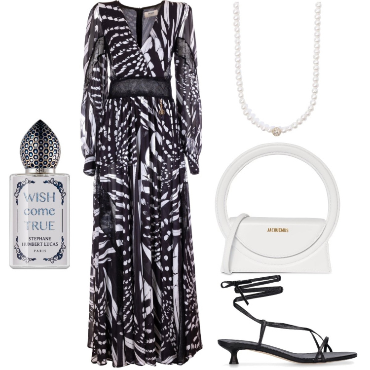 Outfit donna - Un abito elegante. Stile Chic per Serata fuori. Abbinamento con profumi, collane, vestiti lunghi, borse a mano, sandali in pelle.