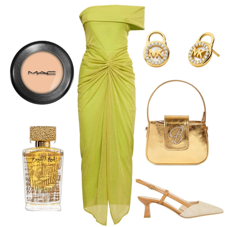 Outfit donna - L’abito di Baobab. Stile Chic per Cerimonia. Abbinamento con profumi, correttori, orecchini, sandali col tacco, borse a mano, vestiti.