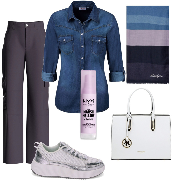 Outfit donna - Total look #1870596. Stile Urban per Tutti i giorni. Abbinamento con camicie, primer, pantaloni cargo, sneakers, borse a mano, sciarpe.