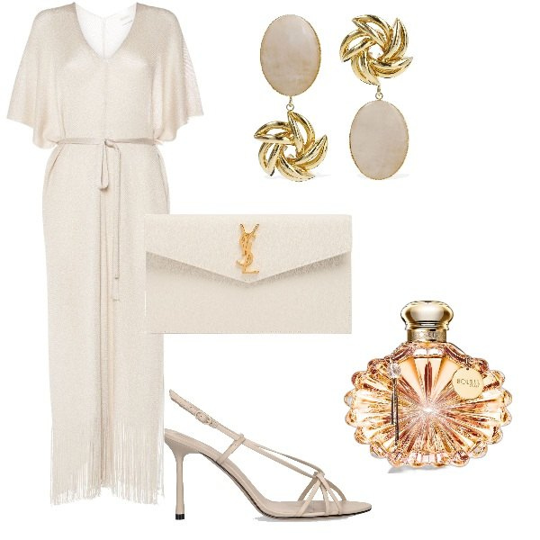 Outfit donna - Outfit etereo per donna raffinata. Stile Chic per Cerimonia. Abbinamento con profumi, vestiti midi/longuette, pochette, orecchini, sandali in pelle.