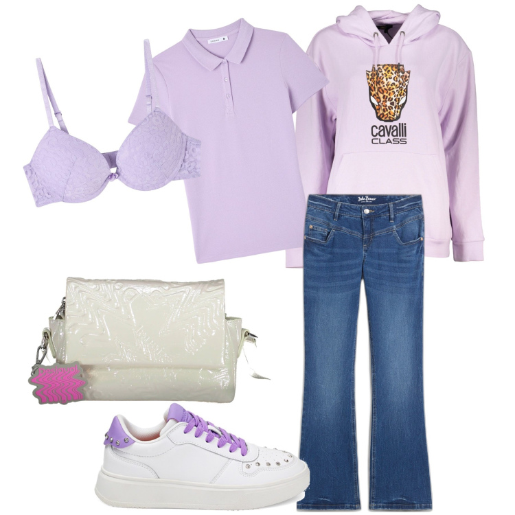 Outfit donna - Maggio si colora di lilla. Stile Basic per Tutti i giorni. Abbinamento con jeans bootcut, polo, reggiseni, sneakers, felpe con cappuccio, borse a tracolla.