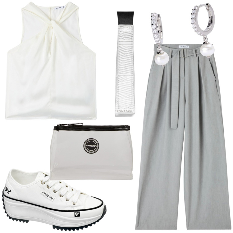 Outfit donna - Casual chic. Stile Casual chic per Tutti i giorni. Abbinamento con profumi, pantaloni, top, orecchini, valigie, sneakers.