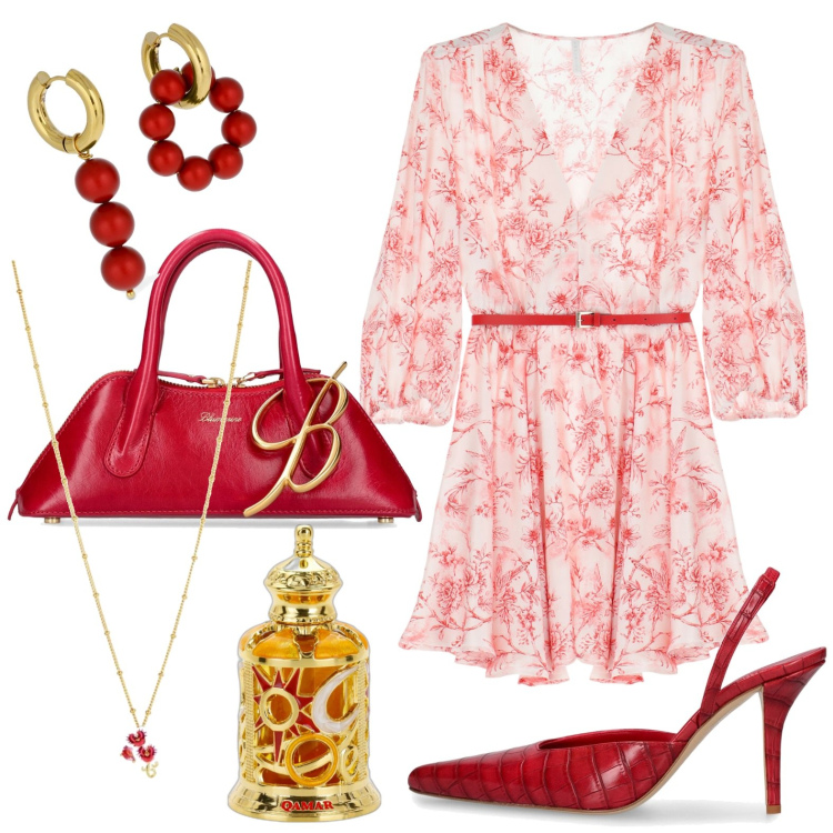 Outfit donna - Bella di giorno. Stile Chic per Tutti i giorni. Abbinamento con collane, profumi, vestiti corti, borse a mano, orecchini, décolleté.