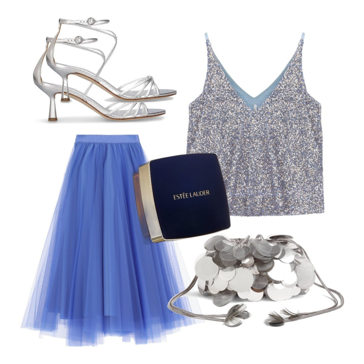 Outfit donna - Romantica in tulle. Stile Romantica per Serata fuori. Abbinamento con fondotinta, gonne longuette, top, borse a spalla, sandali in pelle.