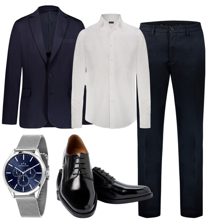 Outfit uomo - Sposo di giugno. Stile Business/Elegante per Cerimonia. Abbinamento con orologi, pantaloni, giacche, scarpe stringate, camicie.