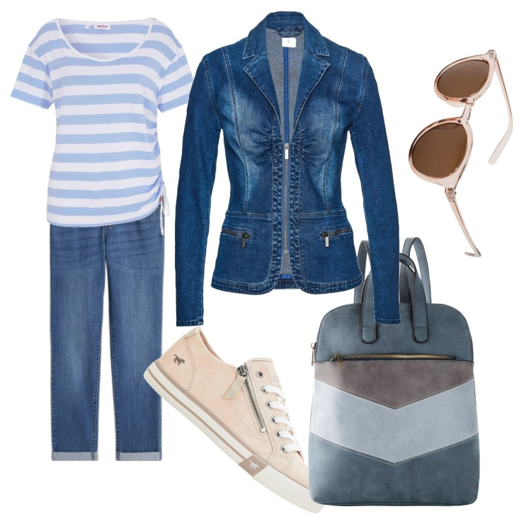 Outfit donna - Gita di inizio estate. Stile Casual per Serata fuori. Abbinamento con jeans dritti, zaini, maglieria, blazer, occhiali da sole, sneakers.