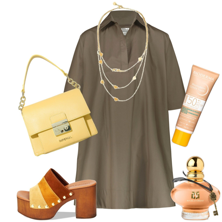 Outfit donna - Festa della mamma. Stile Casual per Tutti i giorni. Abbinamento con collane, profumi, fondotinta, pochette, zoccoli, vestiti.