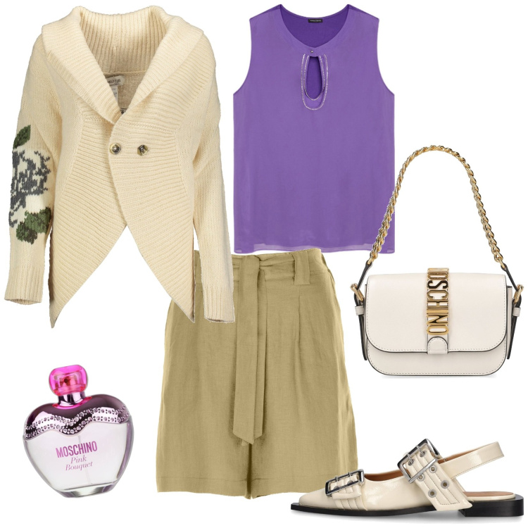 Outfit donna - Auguri mamma. Stile Casual chic per Tutti i giorni. look ideale per Petite. Abbinamento con profumi, cardigans, ballerine, top, bermuda, borse a spalla.