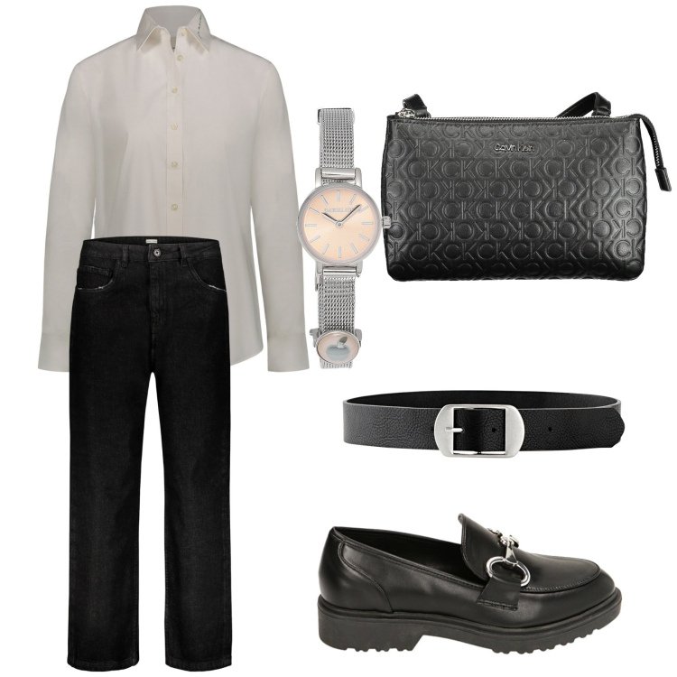 Outfit donna - In ufficio. Stile Mannish per Ufficio. Abbinamento con orologi, cinture, mocassini, jeans, camicie, borse a tracolla.