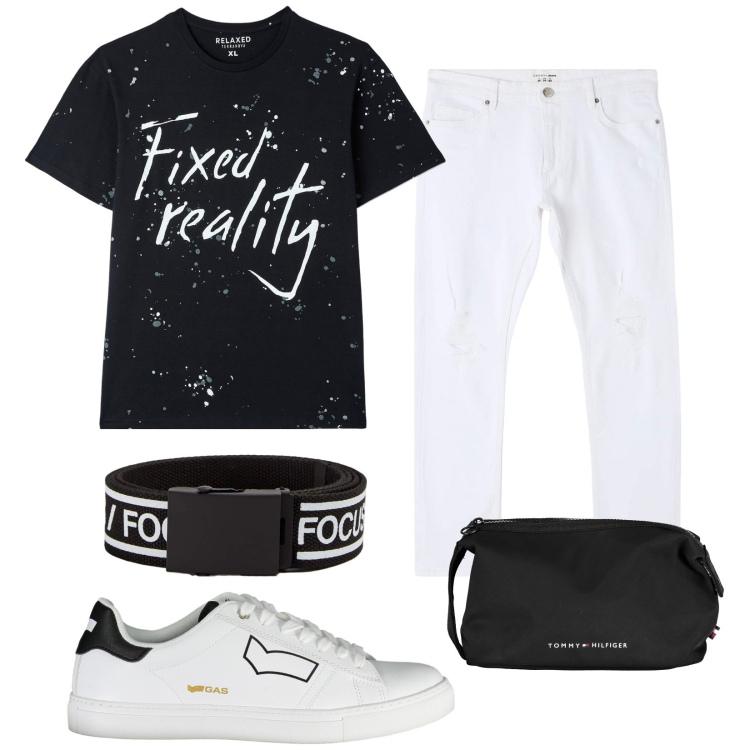 Outfit uomo - Casual black and White. Stile Casual per Tutti i giorni. Abbinamento con jeans strappati, cinture, t-shirt, scarpe sportive, borse sportive.