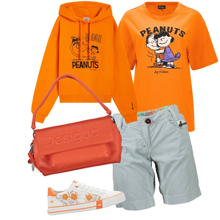 Outfit donna - Domenica pomeriggio. Stile Casual per Tutti i giorni. Abbinamento con sneakers, t-shirt, felpe con cappuccio, bermuda, borse a spalla.