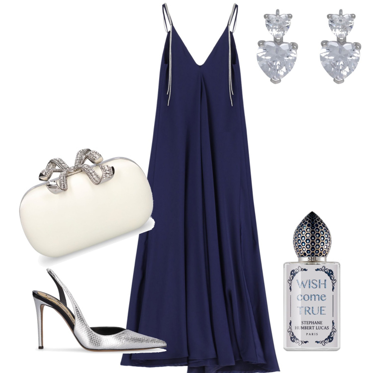 Outfit donna - So chic. Stile Chic per Serata fuori. Abbinamento con orecchini, profumi, vestiti lunghi, décolleté, pochette.