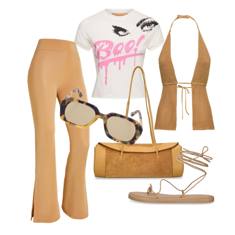 Outfit donna - Ghost outfitter - maggio. Stile Boho per Tutti i giorni. Abbinamento con pantaloni, occhiali da sole, borse a spalla, top, t-shirt, sandali in pelle.