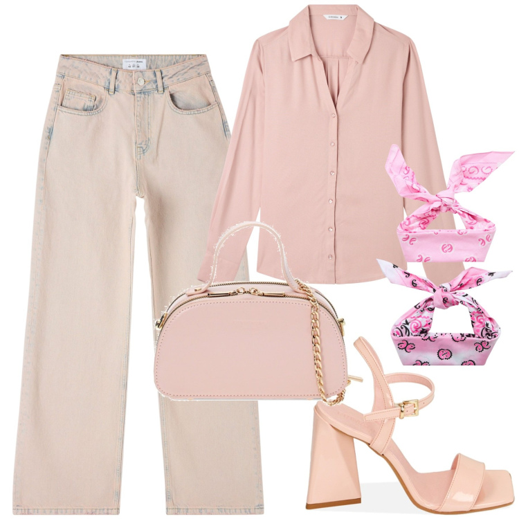 Outfit donna - Rosa. Stile Trendy per Tutti i giorni. Abbinamento con camicie, jeans, fasce per capelli, sandali col tacco, borse a mano.