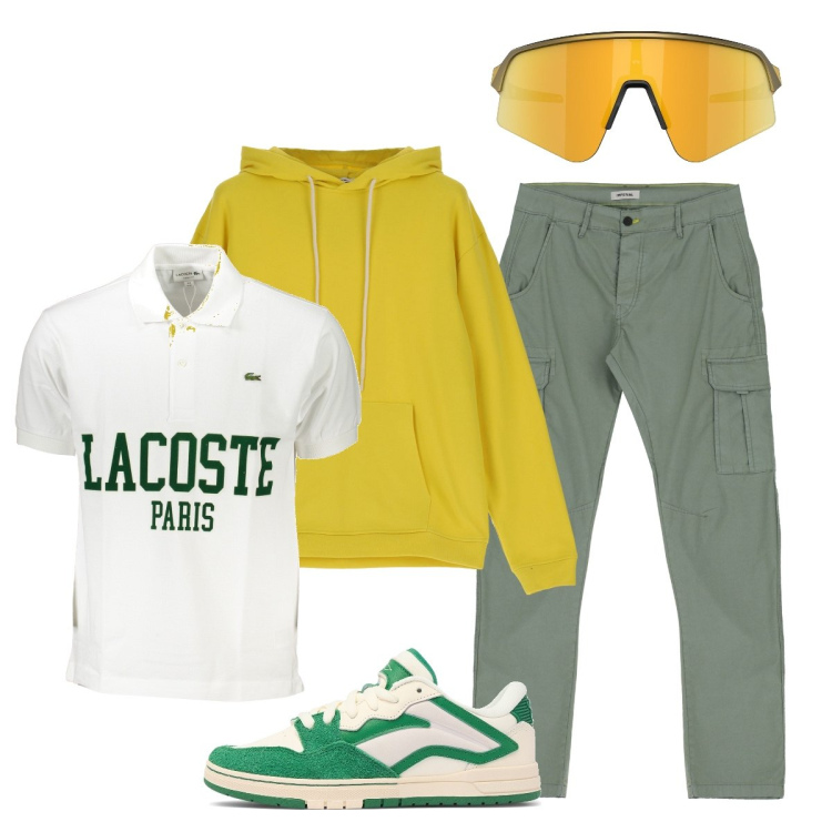 Outfit uomo - Tutto green. Stile Casual per Tutti i giorni. Abbinamento con felpe con cappuccio, pantaloni cargo, occhiali da sole, polo, sneakers.